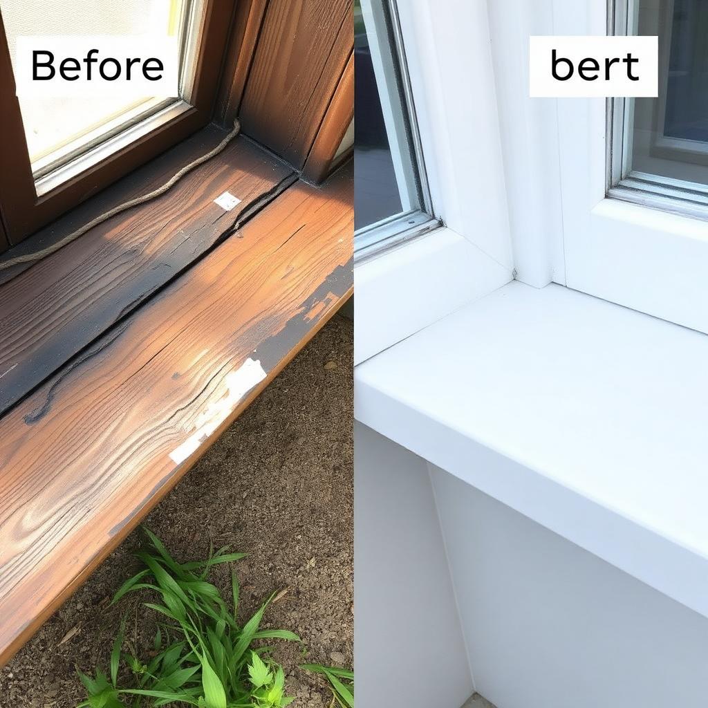 Water-damaged window sill — before and after — Spring Branch