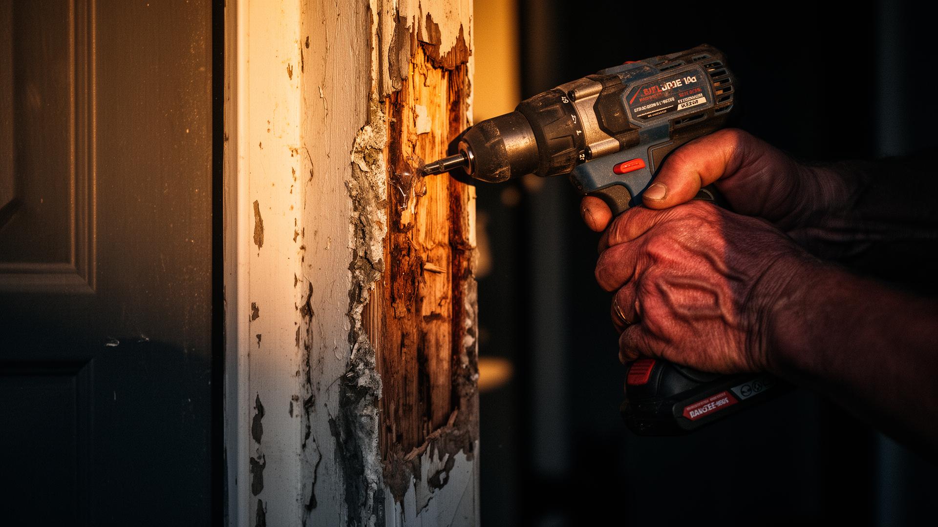 Carpenter repairing rotted door frame in Houston